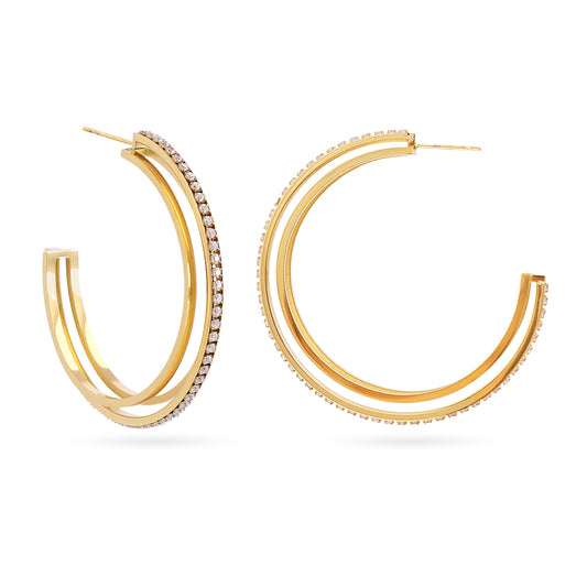 Créoles femme acier doré triple anneau zirconia