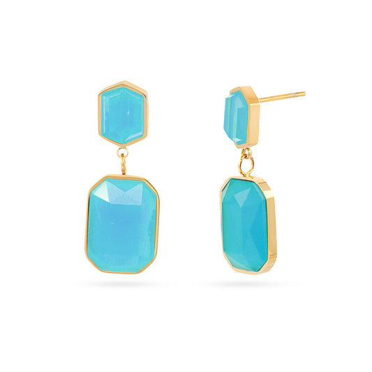 Boucles d'oreilles pendantes femme acier doré pierre turquoise
