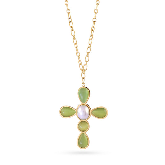 Collier femme acier doré croix pierres synthétiques vertes perle