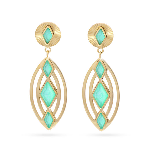 Boucles d'oreilles pendantes femme acier doré pierres vertes