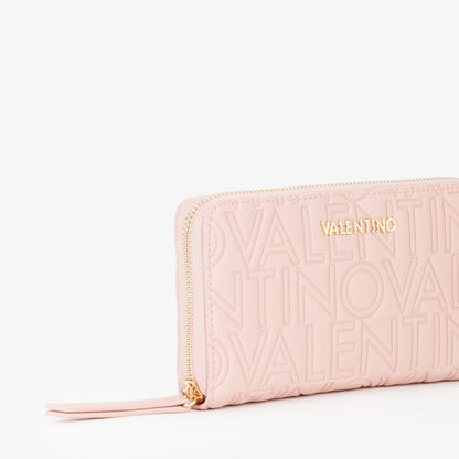 Portefeuille femme zippé rose logo embossé all-over