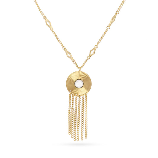 Collier femme acier doré médaillon soleil pierre blanche franges