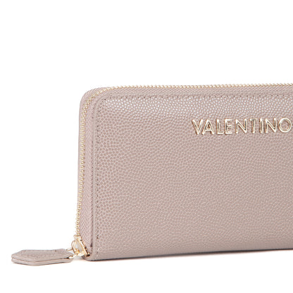 Portefeuille femme zippé grainé taupe touches dorées