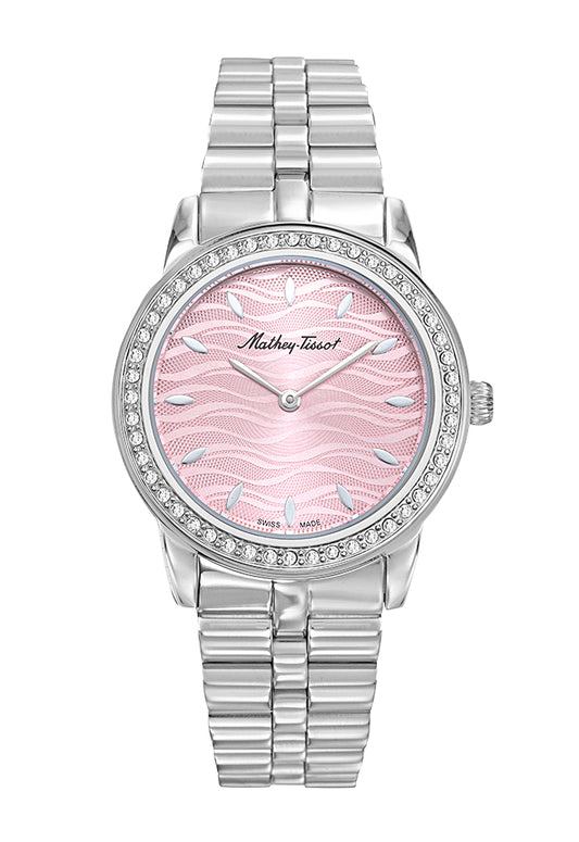 Montre femme acier argenté cadran rose cristaux Swiss Made