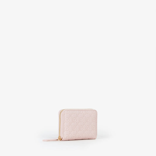 Portefeuille femme rose poudré monogramme zippé