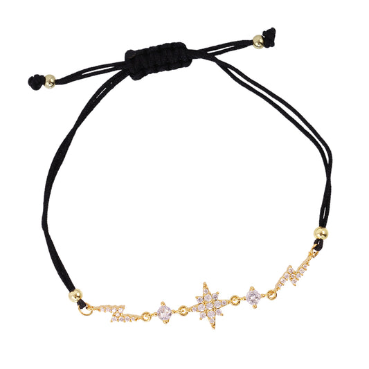 Bracelet femme acier doré cordon noir étoiles zirconia