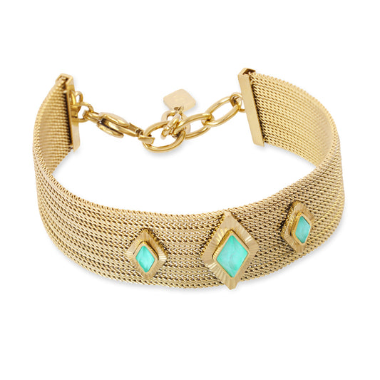 Bracelet femme acier doré maille large pierre verte