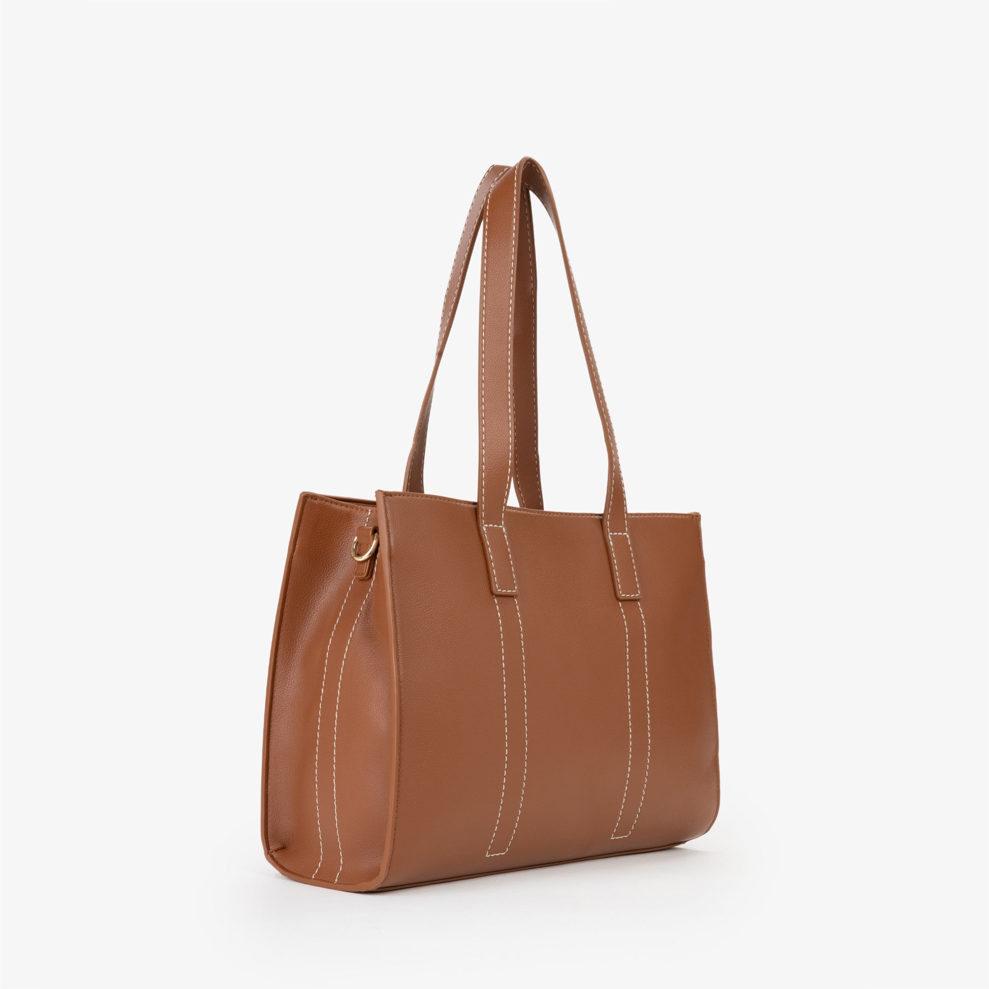 Sac cabas femme cuir vegan camel coutures contrastées