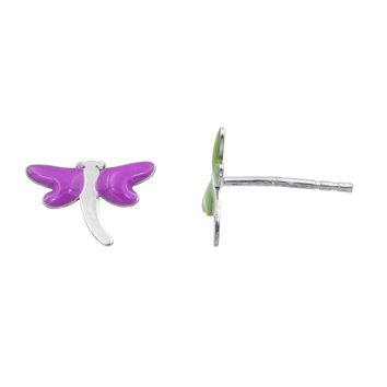 Clous d'oreilles enfant argent rhodié libellule émail violet