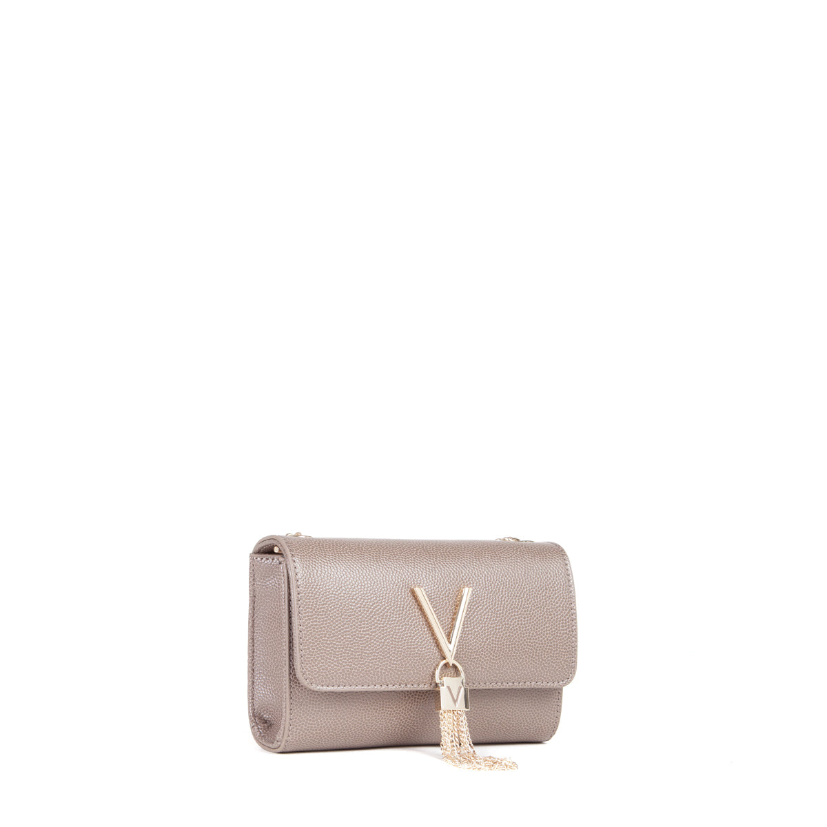 Sac femme taupe cuir grainé chaîne dorée pompon