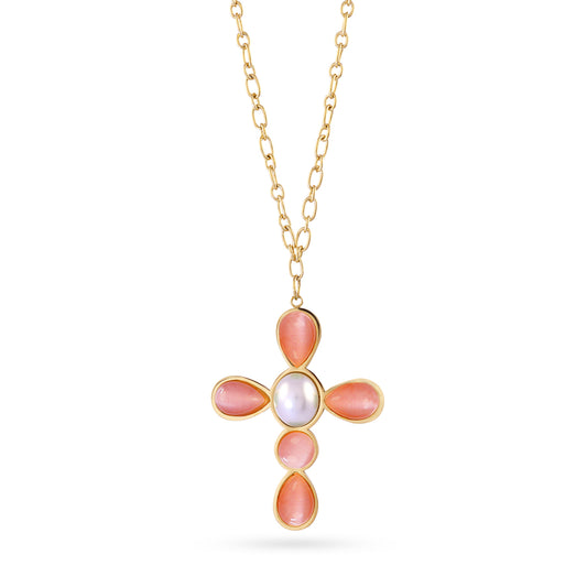 Collier femme acier doré croix pierres synthétiques corail