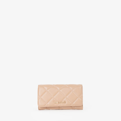 Portefeuille femme beige matelassé fermeture rabat