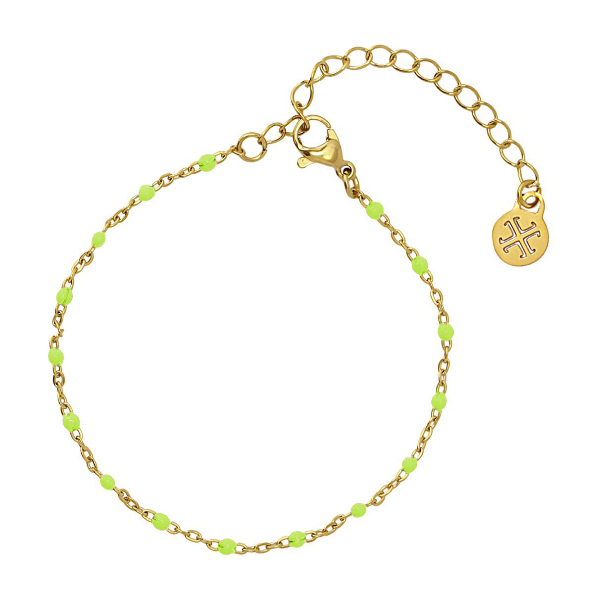 Bracelet femme acier doré perles émail vert fluo réglable