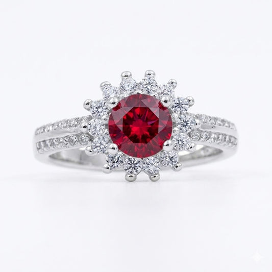 Bague femme argent rhodié rubis synthétique halo zirconia