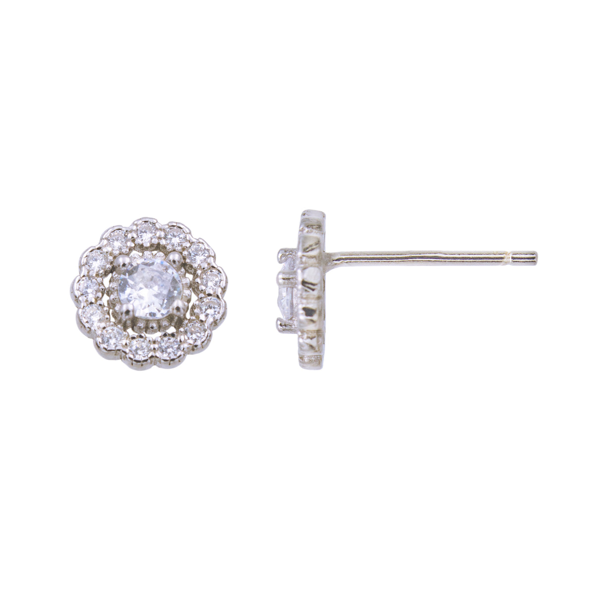 Clou d'oreille femme argent rhodié double halo zirconia