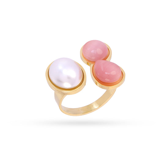 Bague femme acier doré perle et pierres synthétiques roses