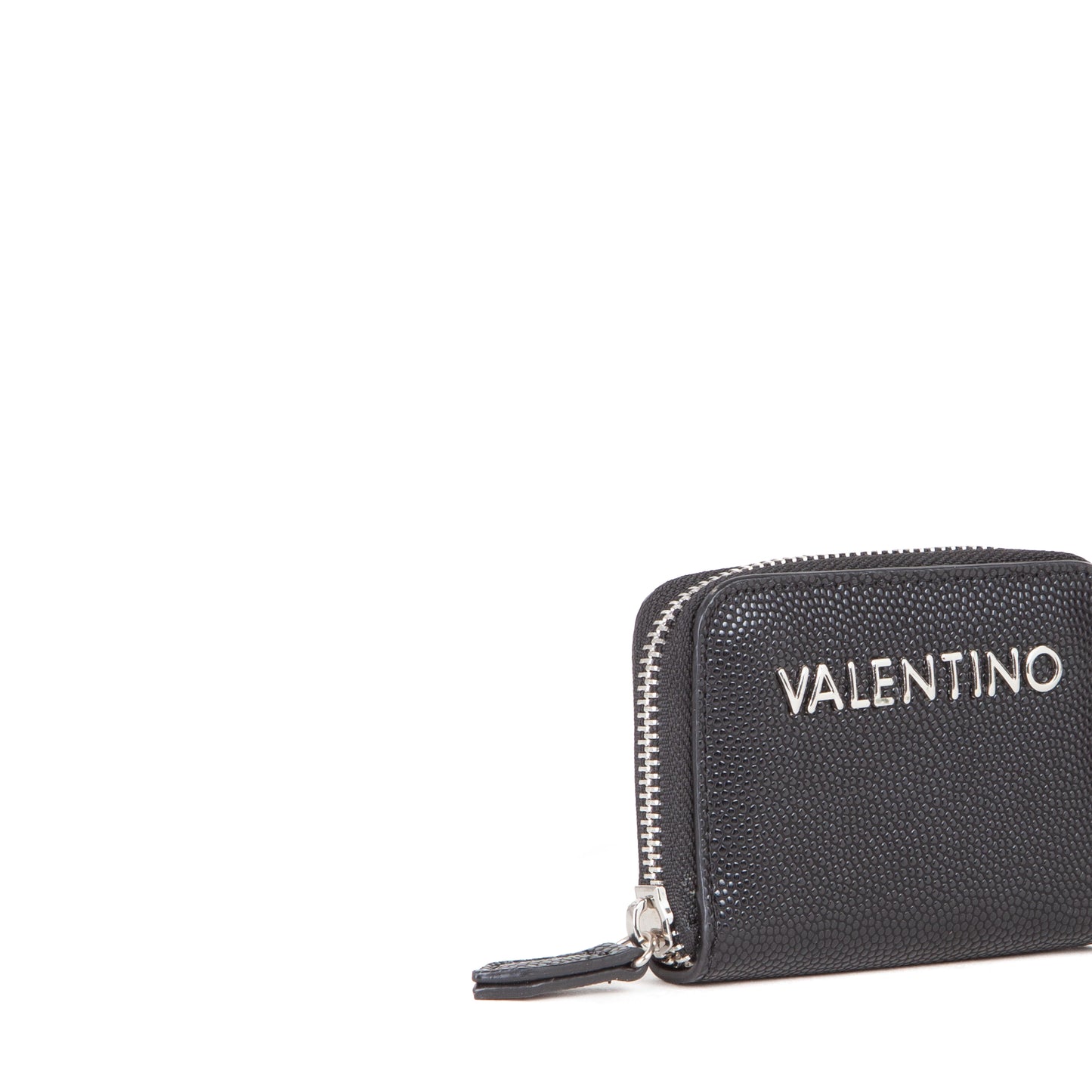 Porte-monnaie femme zippé noir grainé métal argenté
