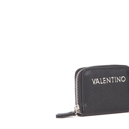 Porte-monnaie femme zippé noir grainé métal argenté