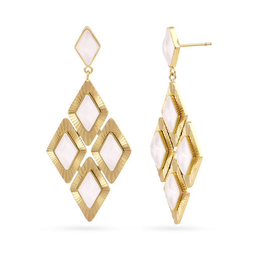 Boucles d'oreilles pendantes femme acier doré losanges blancs
