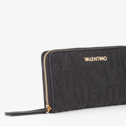 Portefeuille femme noir logo embossé zippé tour complet