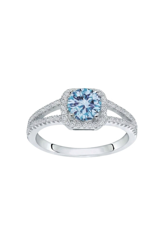 Bague femme argent 925 rhodié topaze bleue halo zirconia