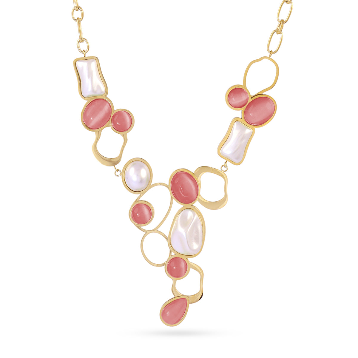 Collier femme acier doré pierres synthétiques roses et nacre