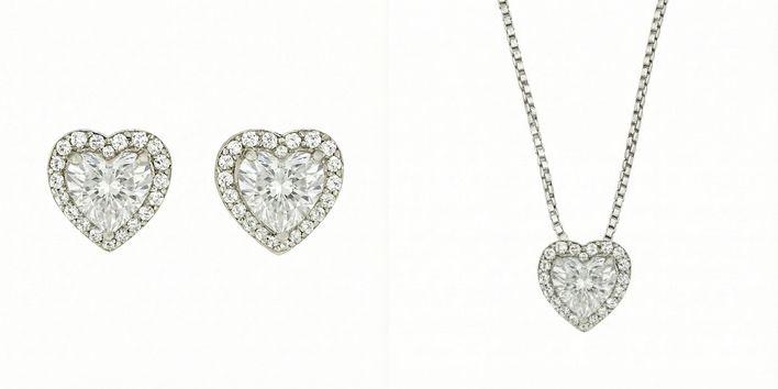 Parure femme argent rhodié coeur zirconia collier boucles