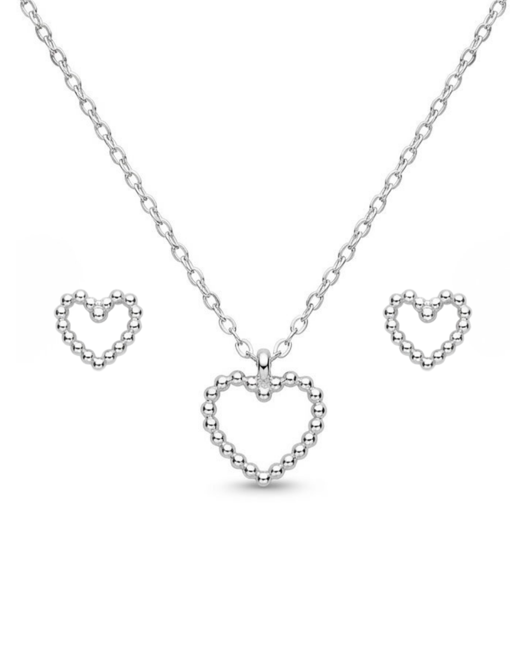 Parure argent rhodié femme collier boucles cœur perlé