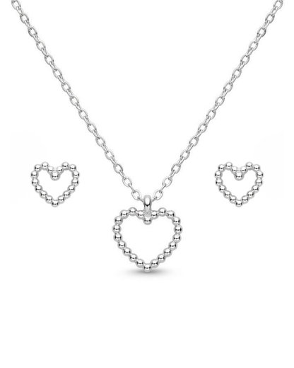 Parure argent rhodié femme collier boucles cœur perlé