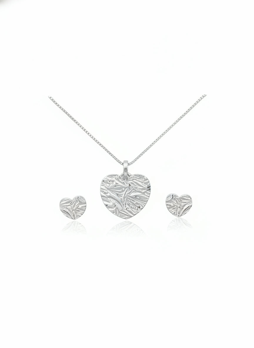 Parure femme argent rhodié coeur texturé collier boucles