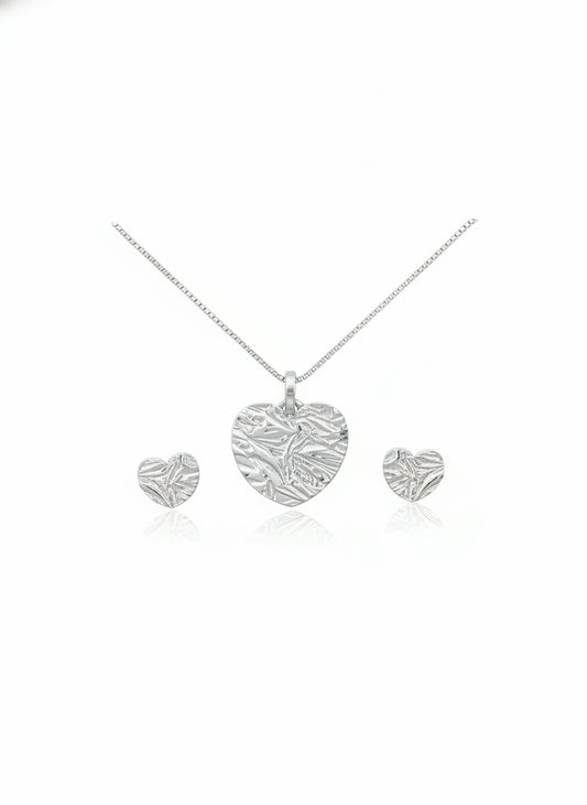 Parure femme argent rhodié coeur texturé collier boucles