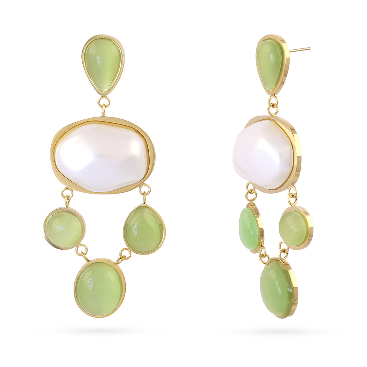 Boucles d'oreilles pendantes femme acier doré pierres vertes