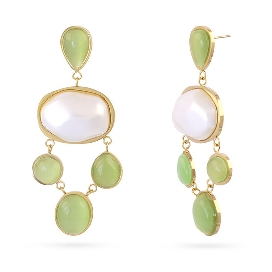 Boucles d'oreilles pendantes femme acier doré pierres vertes