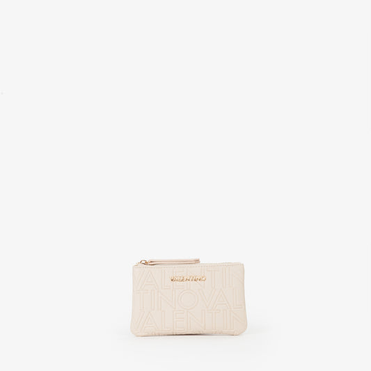 Pochette femme écru logo embossé zippée avec porte-clés