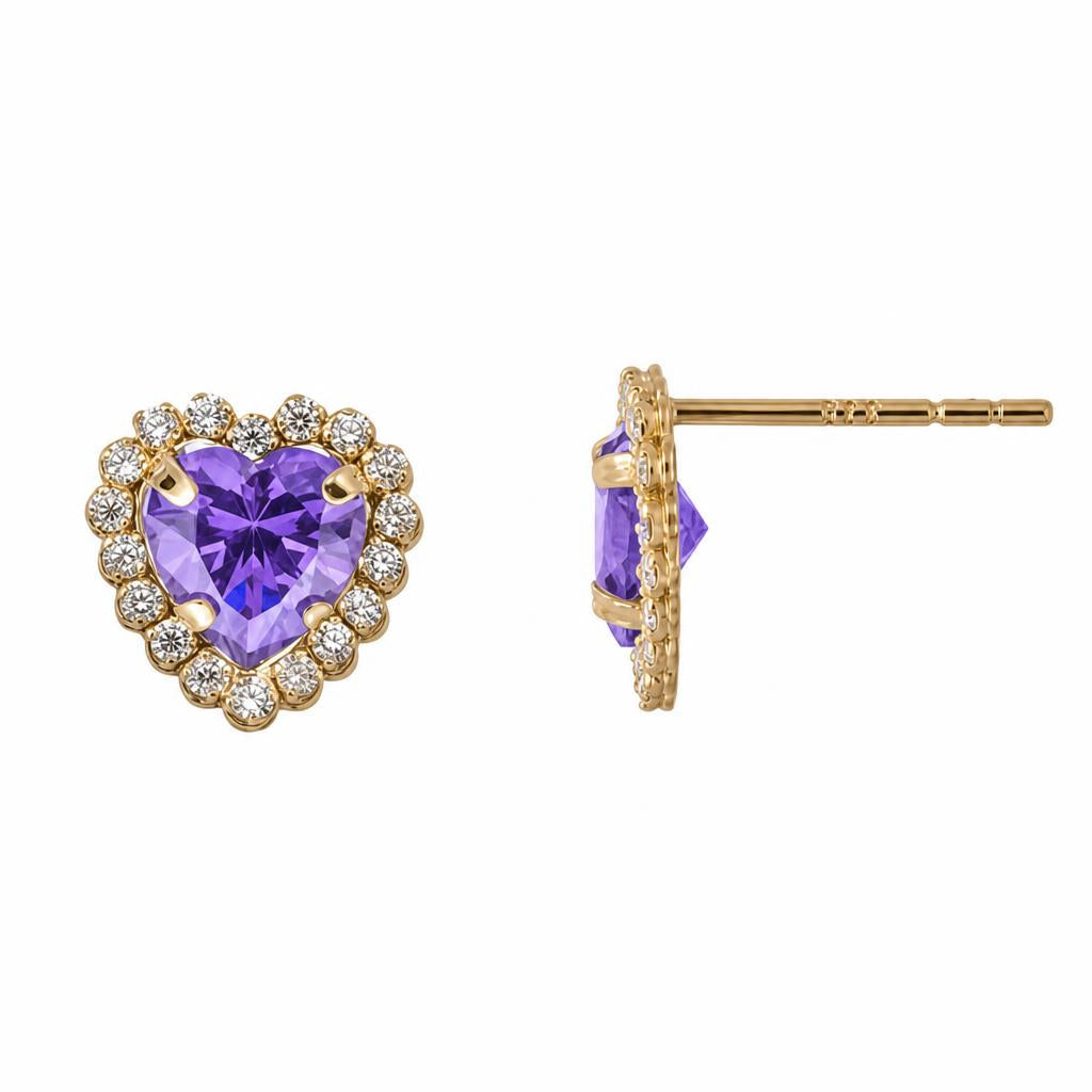 Clou oreille femme or 9 carats améthyste cœur et zirkonia
