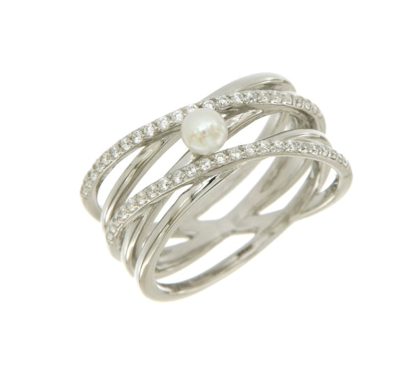 Bague femme argent rhodié multi-rangs zirconia perle