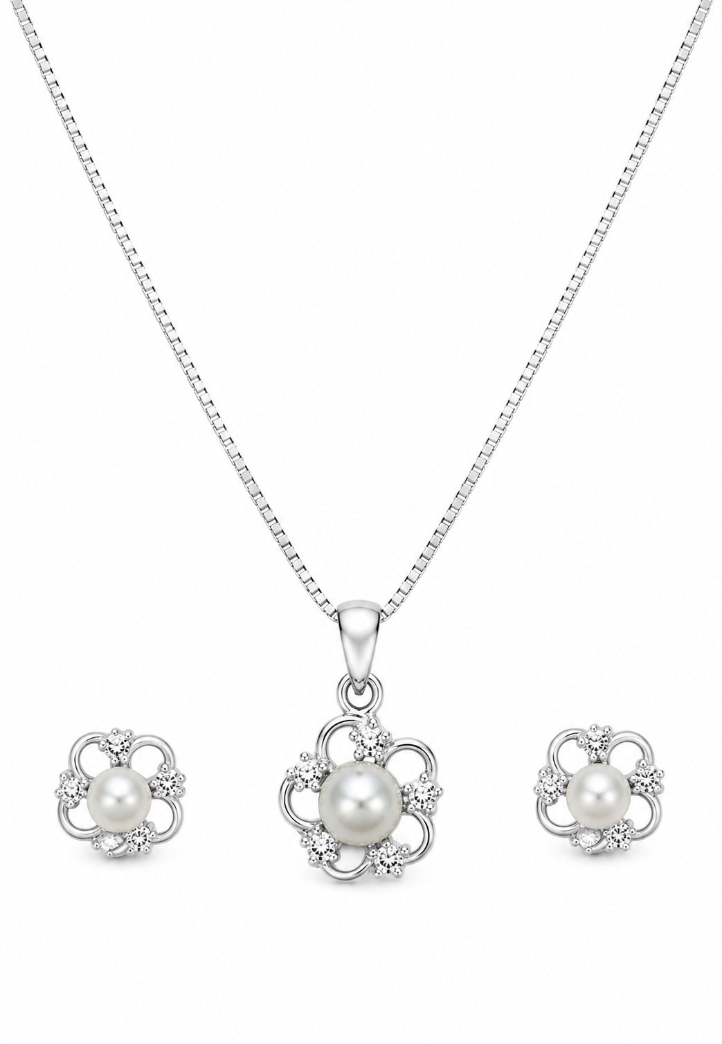 PARURE ARGENT RHODIE - ZIRCONIA - PERLES D'EAU DOUCE - FLEUR