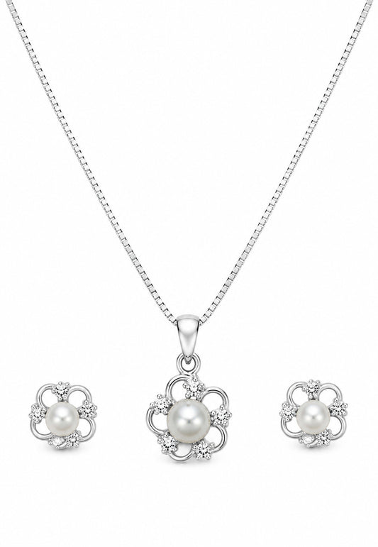 PARURE ARGENT RHODIE - ZIRCONIA - PERLES D'EAU DOUCE - FLEUR