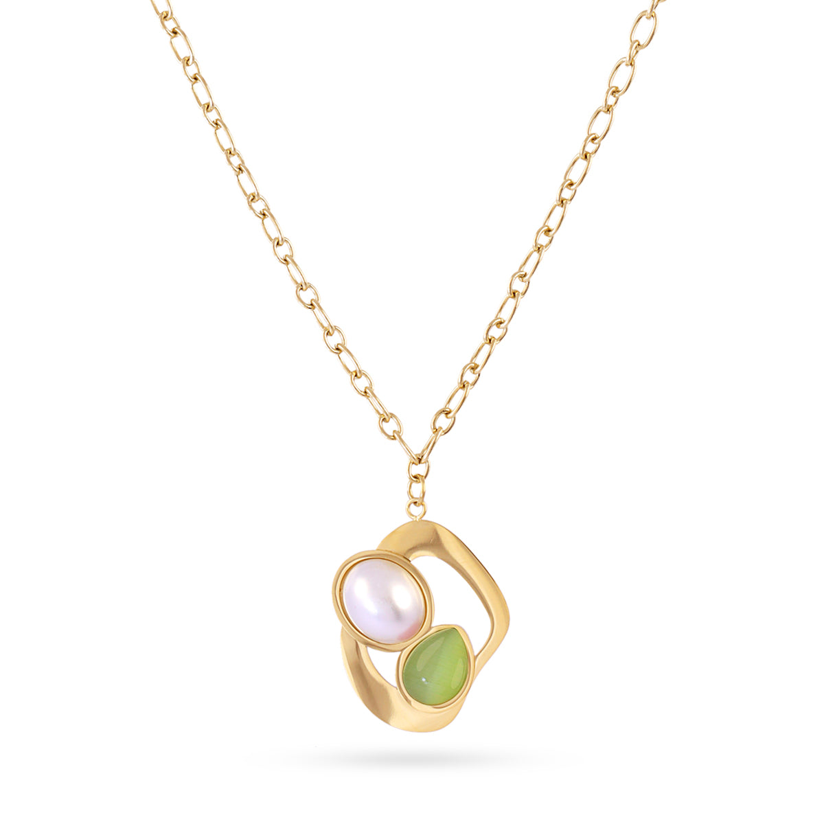 Collier femme acier doré perle et pierre verte synthétique