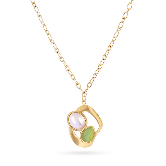 Collier femme acier doré perle et pierre verte synthétique