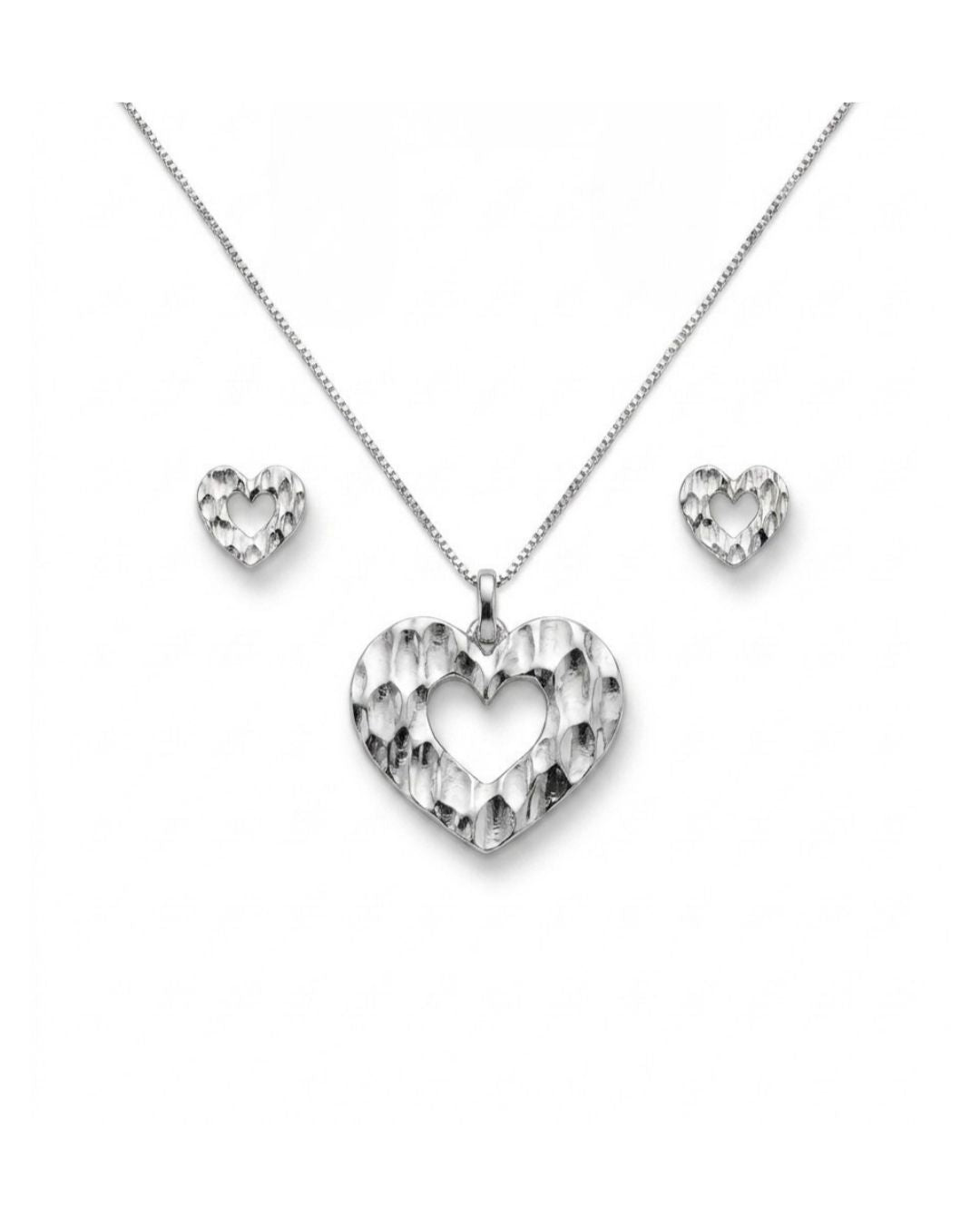 Parure femme argent rhodié pendentif et boucles cœur martelé