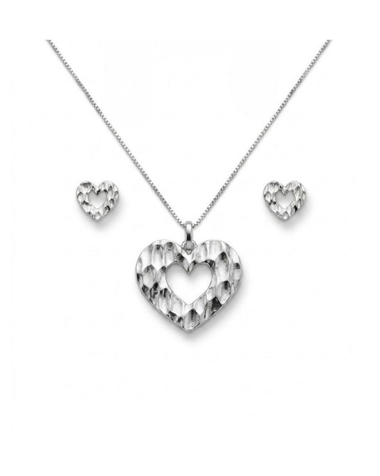 Parure femme argent rhodié pendentif et boucles cœur martelé