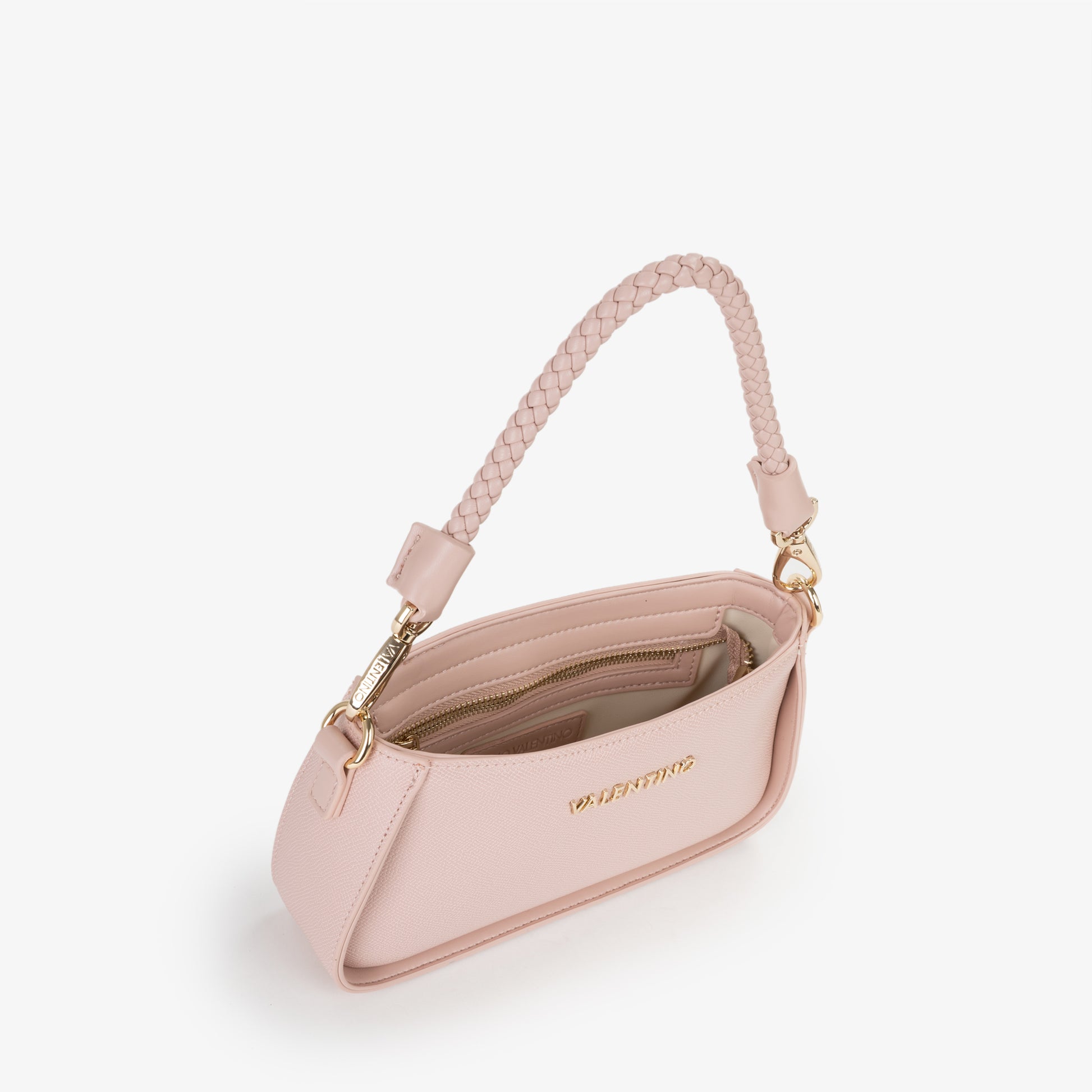 Sac à main femme rose poudré bandoulière tressée dorée