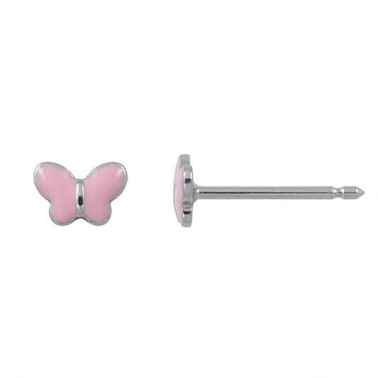 Boucles d'oreilles enfant argent rhodié papillon émail rose