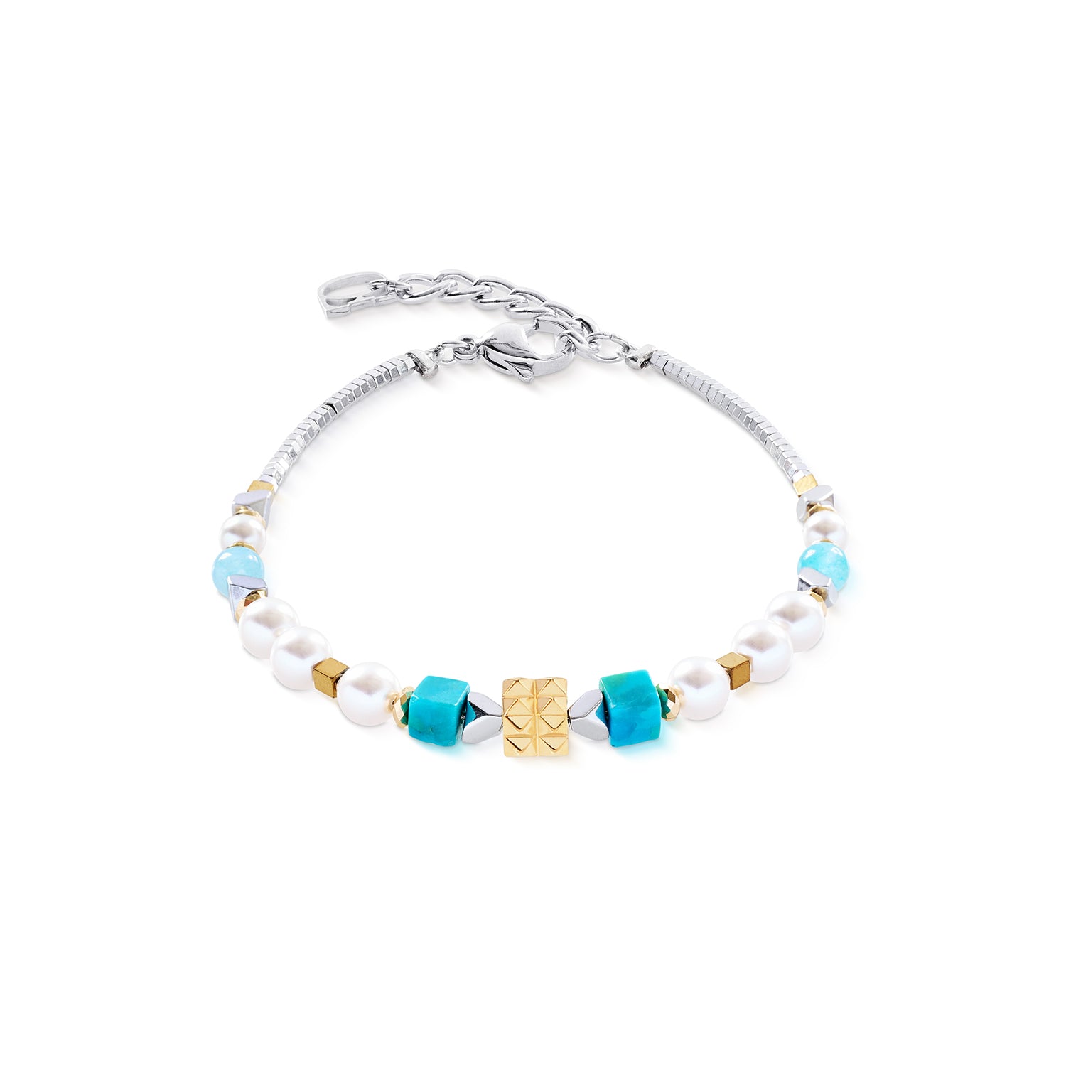 Turquoise, amazonite, perles de cristal, hématite avec finition en oxyde de titane, acier inoxydable doré