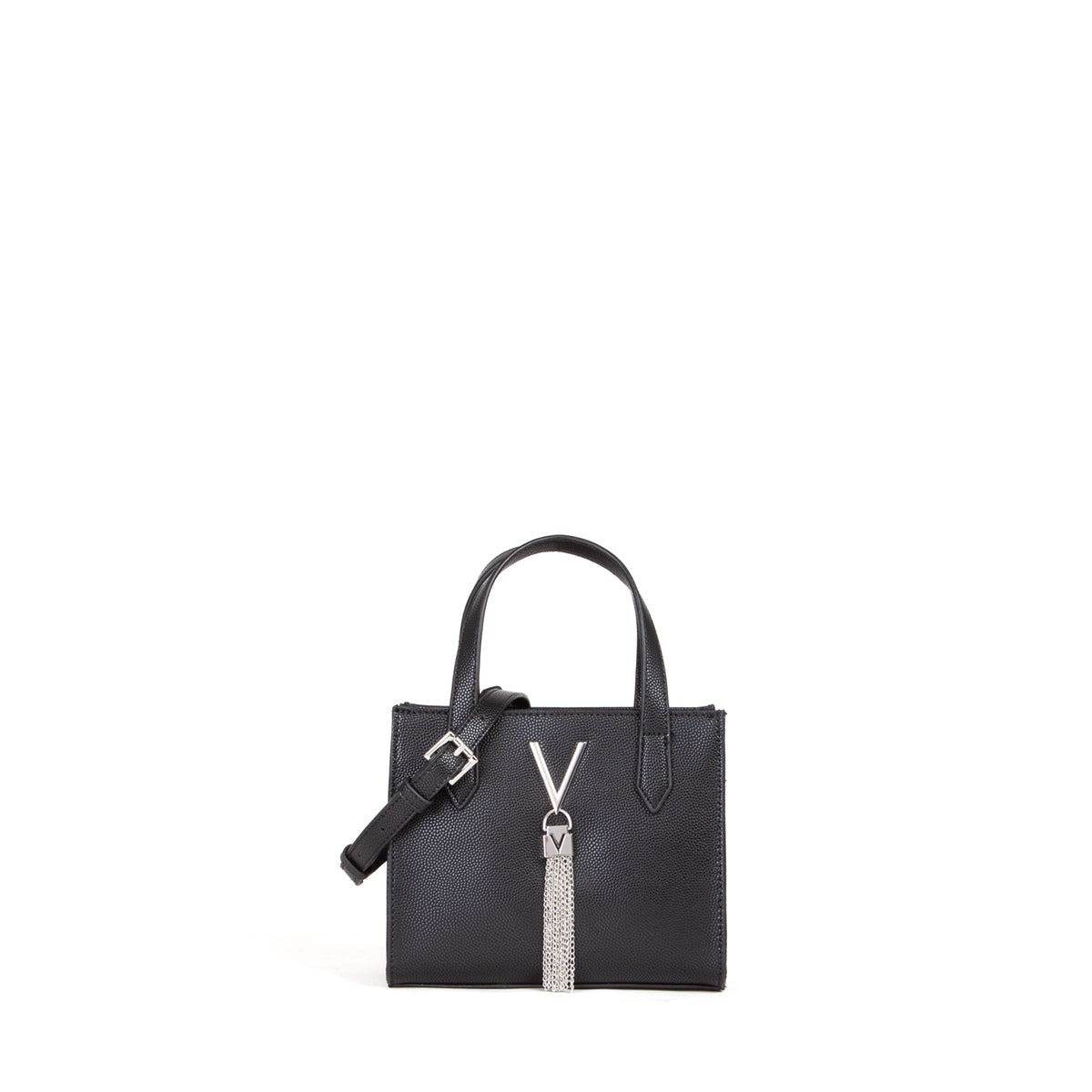 Sac à main femme noir grainé logo V et chaînes argentées