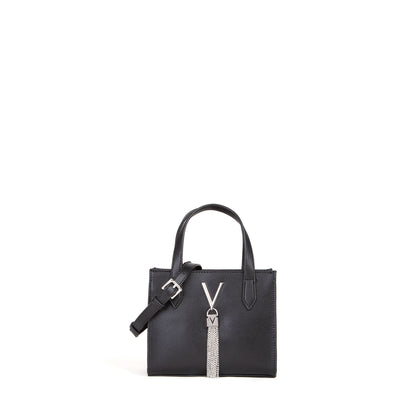 Sac à main femme noir grainé logo V et chaînes argentées