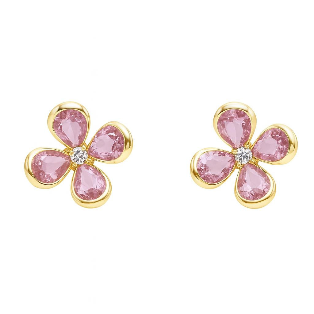 Clou d'oreille femme or 9 carats motif fleur zirkonia rose