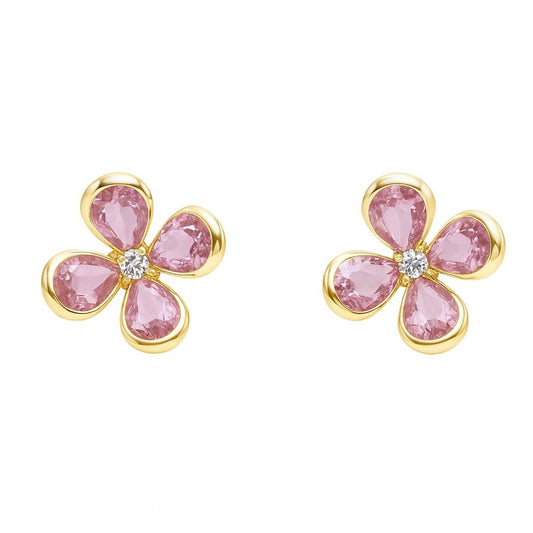 Clou d'oreille femme or 9 carats motif fleur zirkonia rose