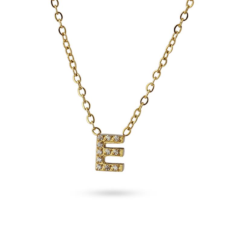 Collier femme acier doré lettre E zirconia 38 cm